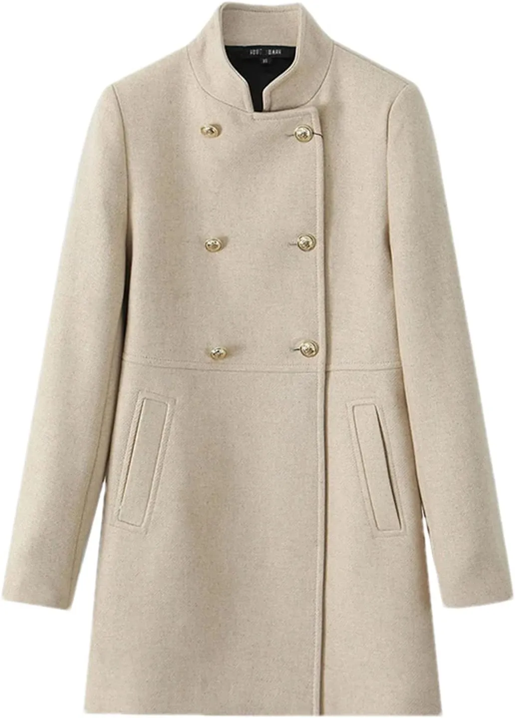 Women Fashion Double Breasted Wool Blend Trench Coats Vintage Turtleneck Chic Pea Coat Outwear