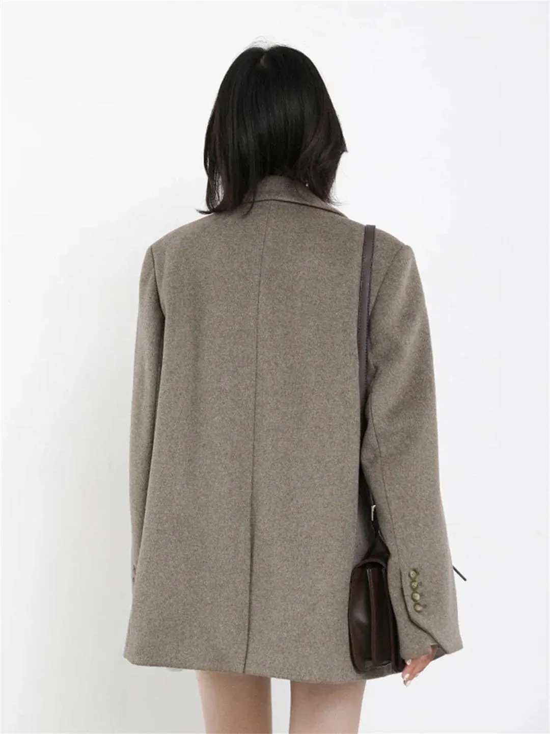 Women Fashion Winter Wool Blend Turn-Down Collar Mid-Length Single Button Blazer Woolen Overcoat