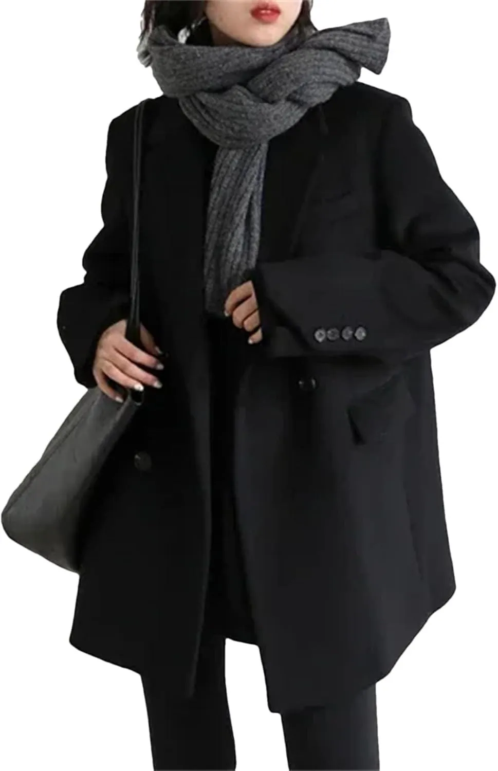 Women Fashion Winter Wool Blend Turn-Down Collar Mid-Length Single Button Blazer Woolen Overcoat