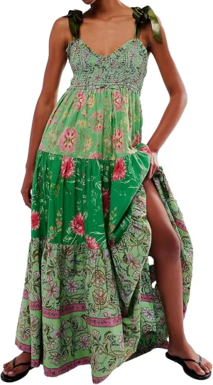Women Floral Maxi Dress Sleeveless Tie Shoulder Bohemian Flowy Smocked Casual Dresses Summer Sundress with Pockets
