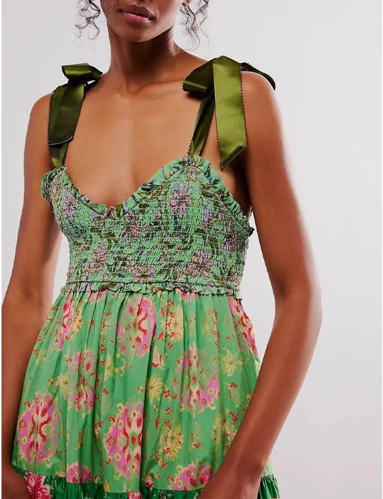 Women Floral Maxi Dress Sleeveless Tie Shoulder Bohemian Flowy Smocked Casual Dresses Summer Sundress with Pockets