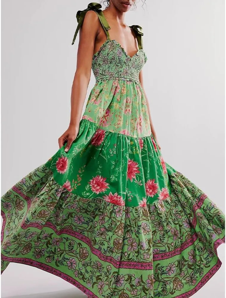 Women Floral Maxi Dress Sleeveless Tie Shoulder Bohemian Flowy Smocked Casual Dresses Summer Sundress with Pockets