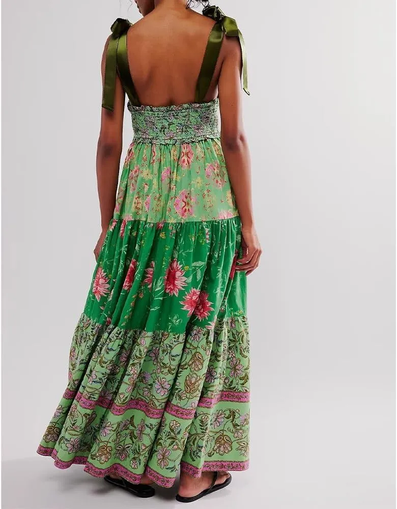 Women Floral Maxi Dress Sleeveless Tie Shoulder Bohemian Flowy Smocked Casual Dresses Summer Sundress with Pockets