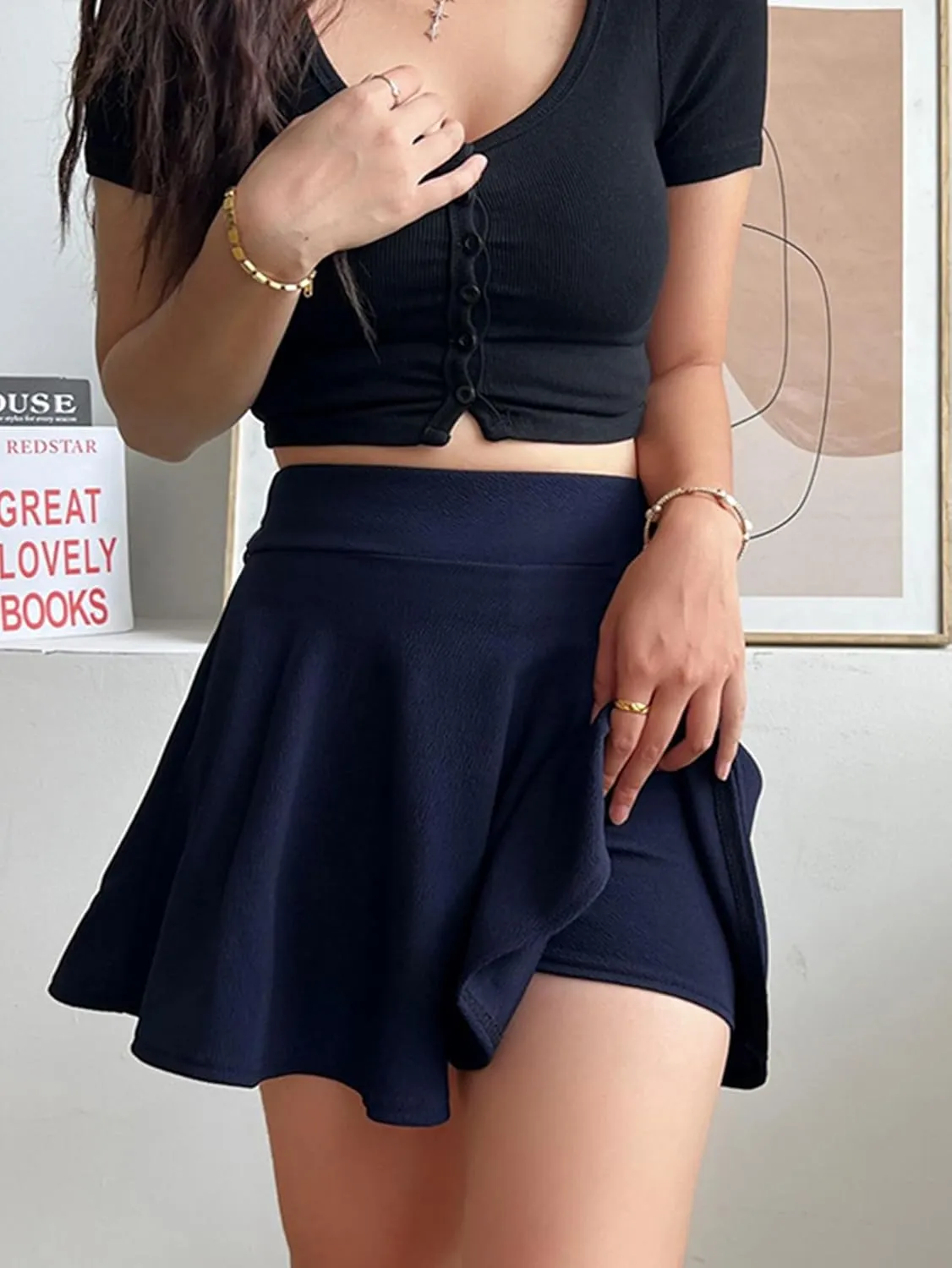 Women High Waist Flowy Basic Versatile Stretchy Flared Casual Pleated Mini Skirts with Lining Shorts