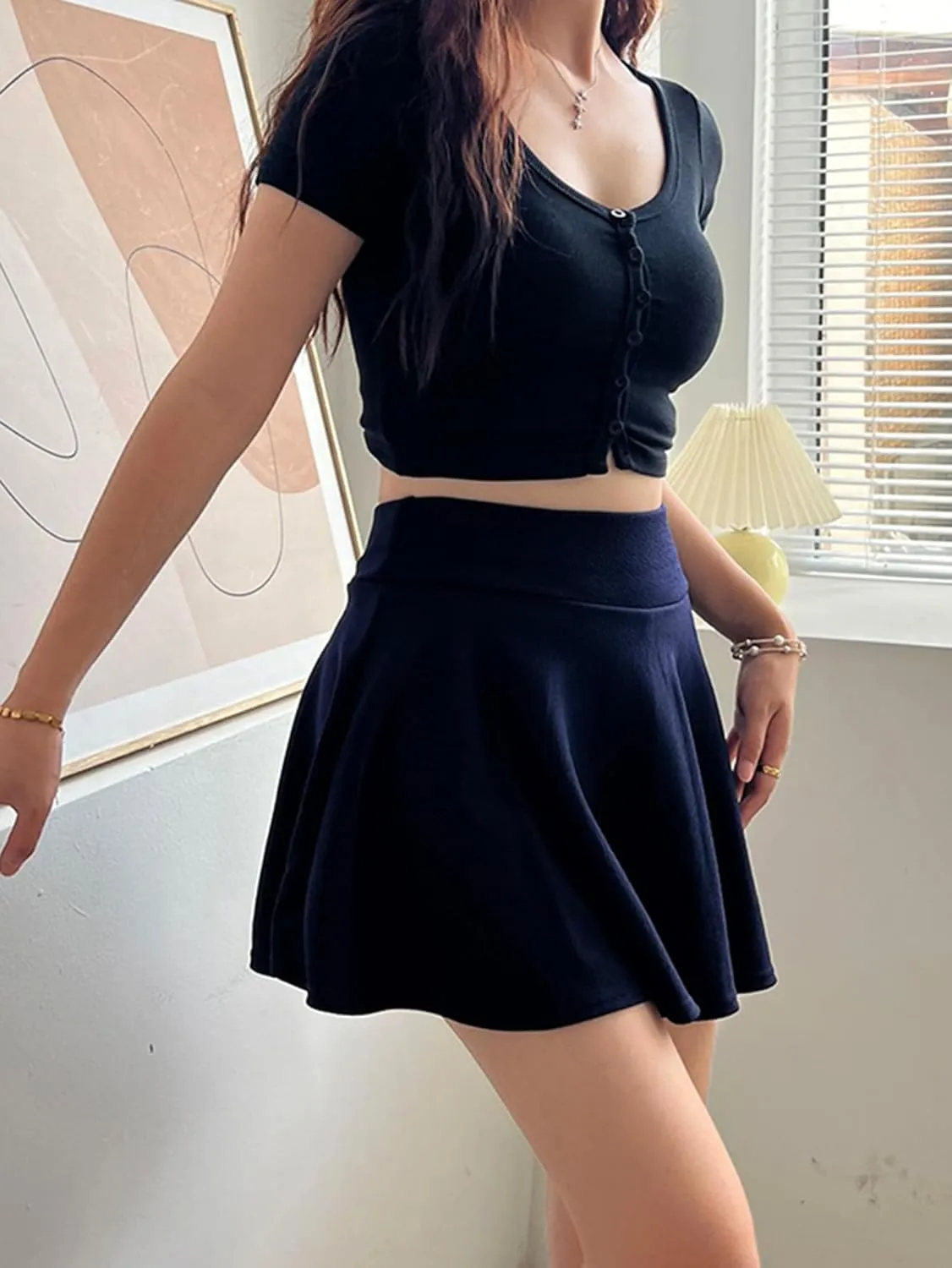Women High Waist Flowy Basic Versatile Stretchy Flared Casual Pleated Mini Skirts with Lining Shorts