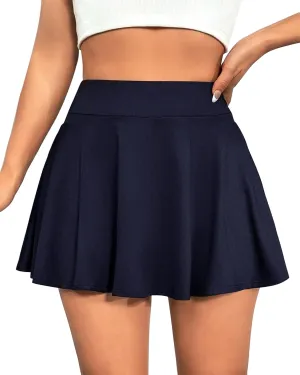 Women High Waist Flowy Basic Versatile Stretchy Flared Casual Pleated Mini Skirts with Lining Shorts