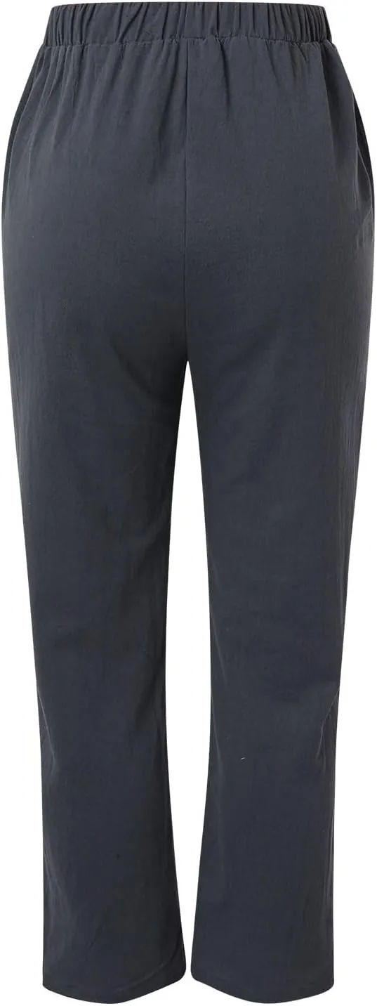 Women High Waisted Wide Leg Pants Fashion Drawstring Elastic Trousers Comfy Straight Leg Long Pants with Pockets