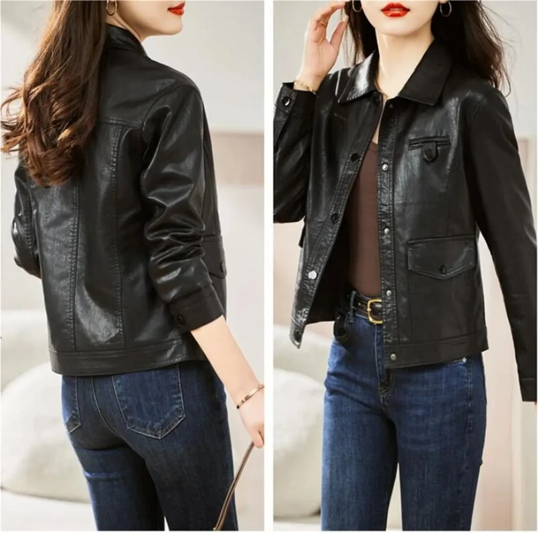 Women Leather Jacket Autumn Winter Fashion Moto&Biker Style Outerwear Turn-Down Collar Short Coat