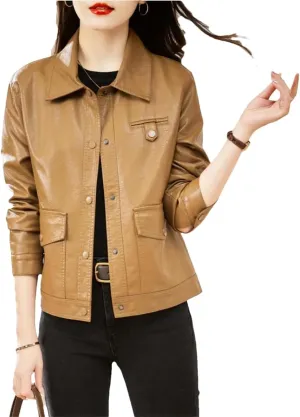 Women Leather Jacket Autumn Winter Fashion Moto&Biker Style Outerwear Turn-Down Collar Short Coat