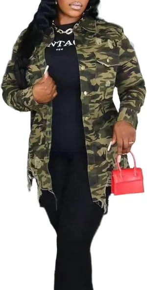 Women Long Sleeve Button Down Camouflage Jacket Oversized Distressed Trench Denim Trucker Jackets Coat with Pockets