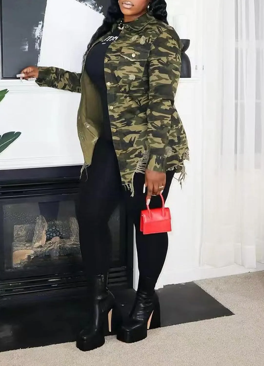 Women Long Sleeve Button Down Camouflage Jacket Oversized Distressed Trench Denim Trucker Jackets Coat with Pockets