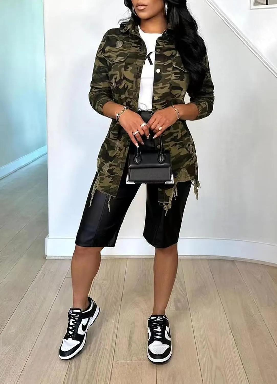 Women Long Sleeve Button Down Camouflage Jacket Oversized Distressed Trench Denim Trucker Jackets Coat with Pockets