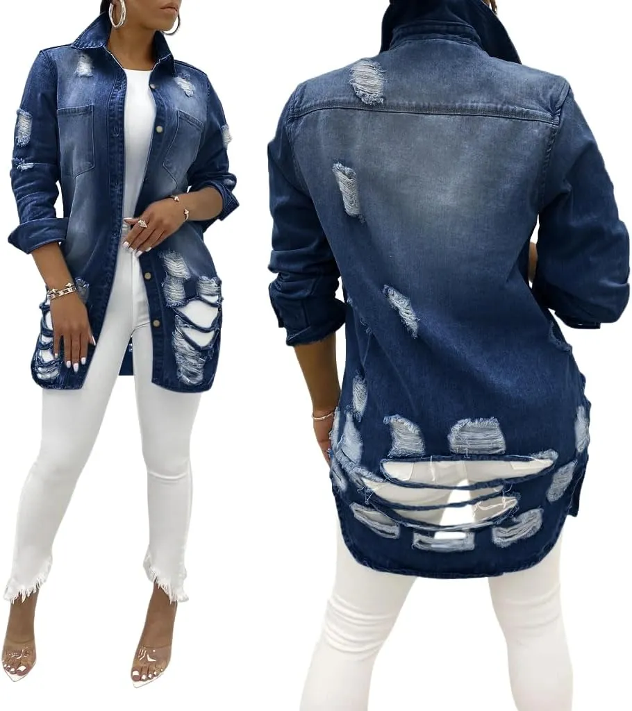 Women Long Sleeve Denim Jacket Oversized Lapel Button Up Shacket Casual Boyfriend Western Trucker Jean Jackets