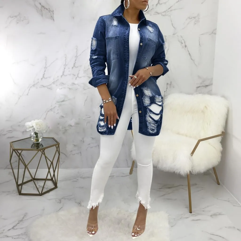 Women Long Sleeve Denim Jacket Oversized Lapel Button Up Shacket Casual Boyfriend Western Trucker Jean Jackets