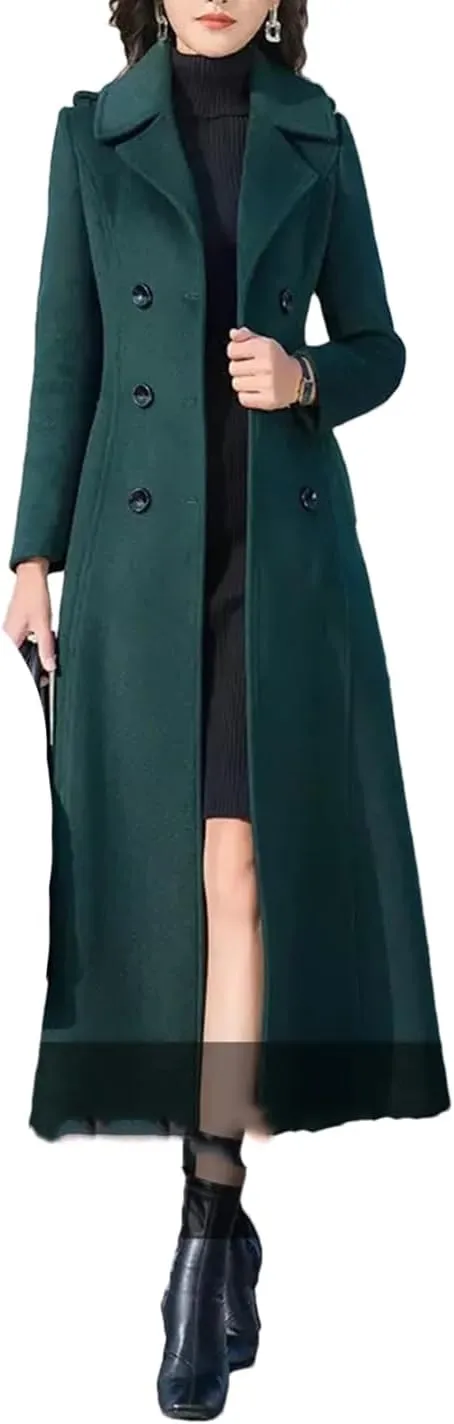 Women Long Woolen Coat Autumn Winter Fashion Double Breasted Slim Blends Overcoat Thicken Warm Outerwear