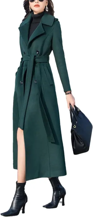 Women Long Woolen Coat Autumn Winter Fashion Double Breasted Slim Blends Overcoat Thicken Warm Outerwear