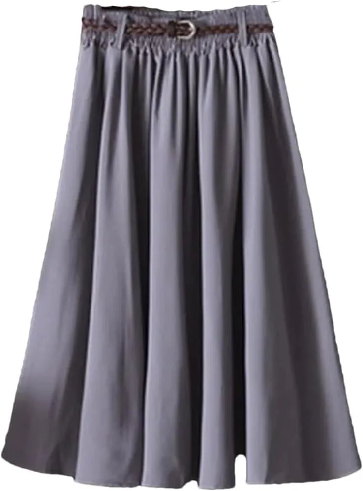 Women Midi Knee Length Summer Skirt with Belt Fashion Korean Ladies High Waist Pleated A-Line Skirts