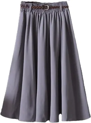 Women Midi Knee Length Summer Skirt with Belt Fashion Korean Ladies High Waist Pleated A-Line Skirts