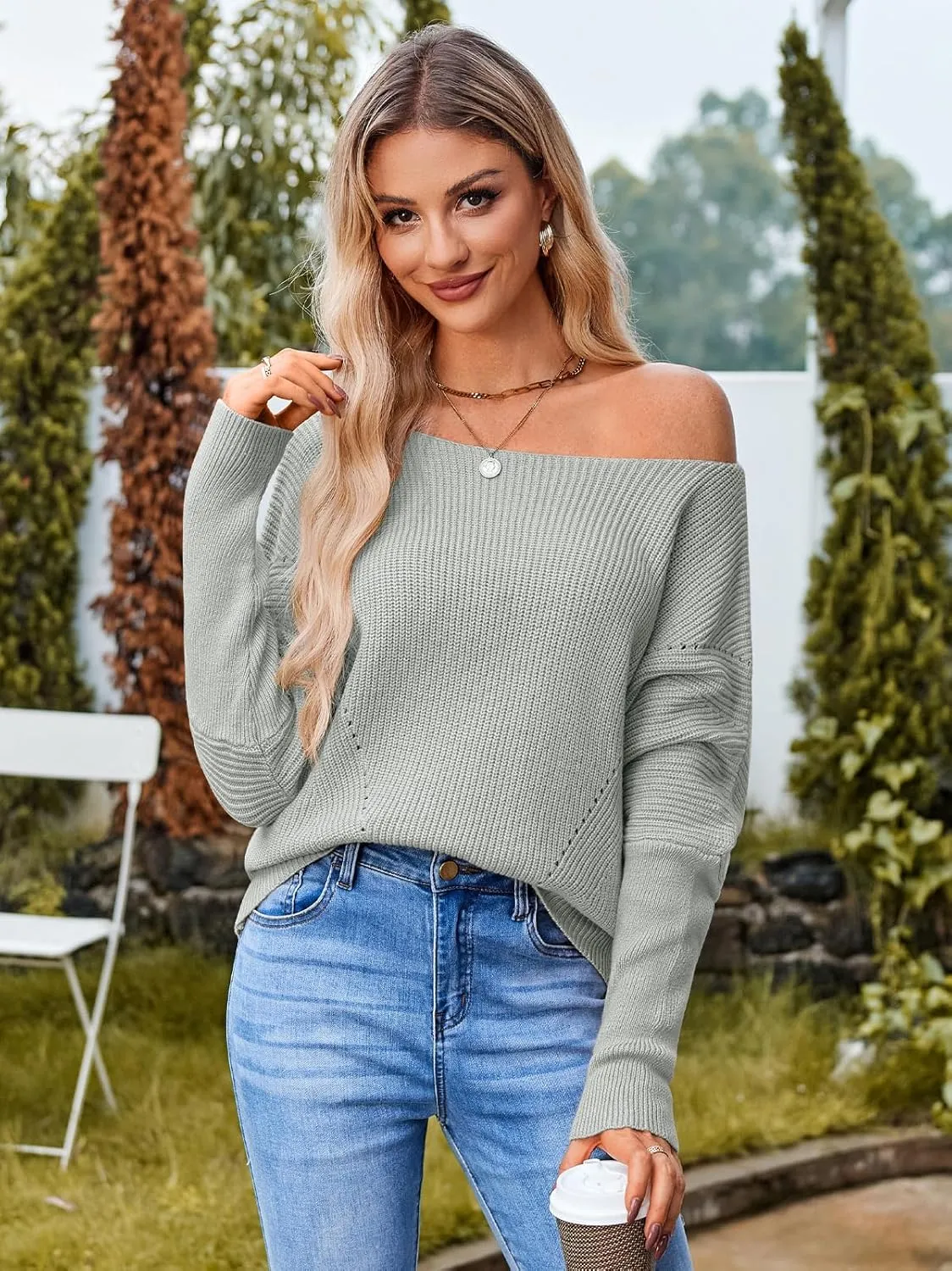 Women Off The Shoulder Sweater Batwing Long Sleeve Loose Fit Knit Pullover Tops Casual Fall Jumper Tops 2024