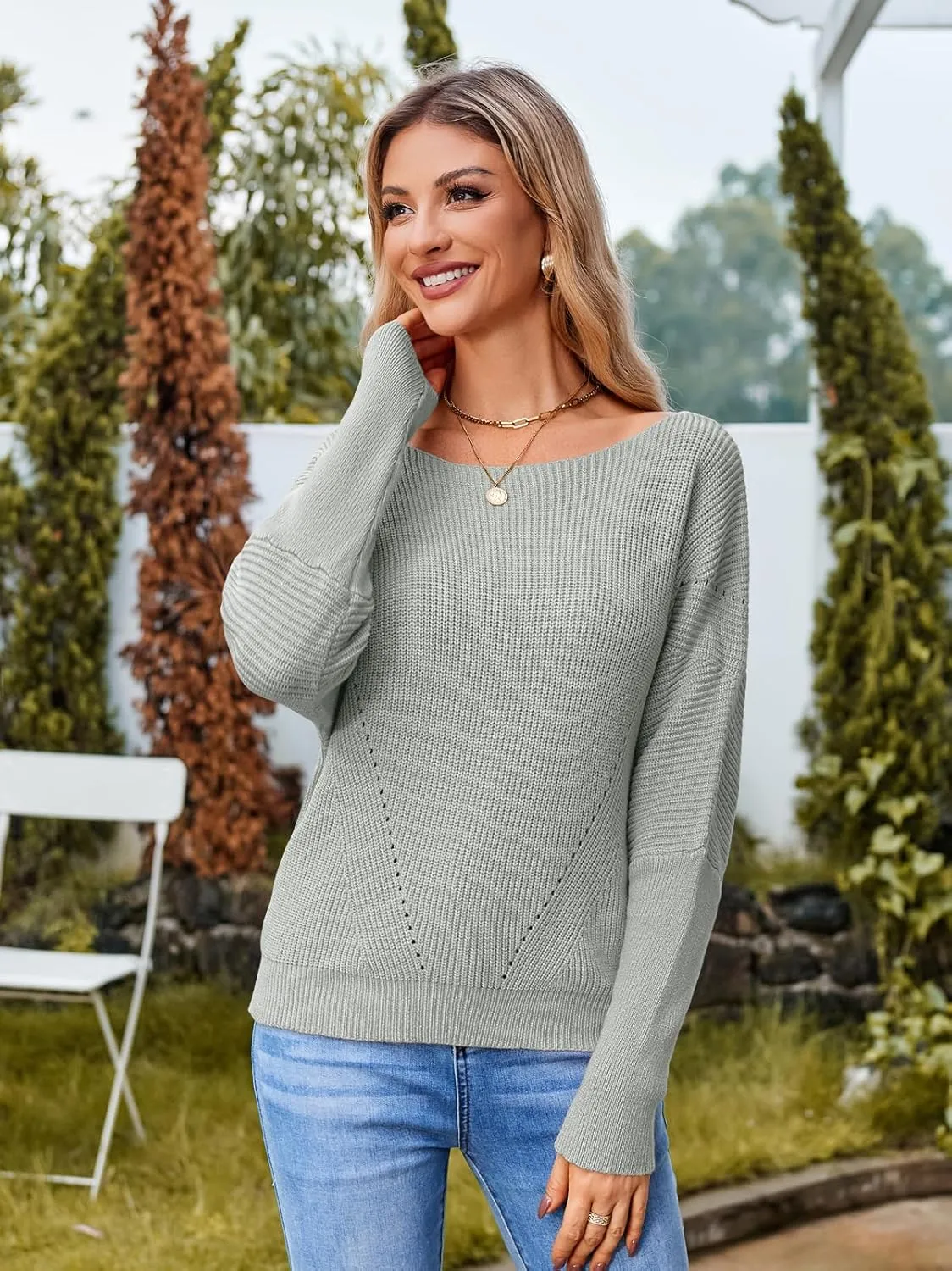 Women Off The Shoulder Sweater Batwing Long Sleeve Loose Fit Knit Pullover Tops Casual Fall Jumper Tops 2024