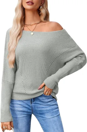 Women Off The Shoulder Sweater Batwing Long Sleeve Loose Fit Knit Pullover Tops Casual Fall Jumper Tops 2024
