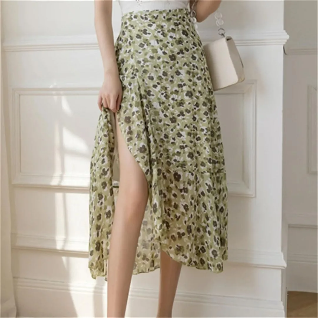 Women One Piece Lace Up Long Skirts for Summer Elegant High Waist Floral Printed Ladies Skirts
