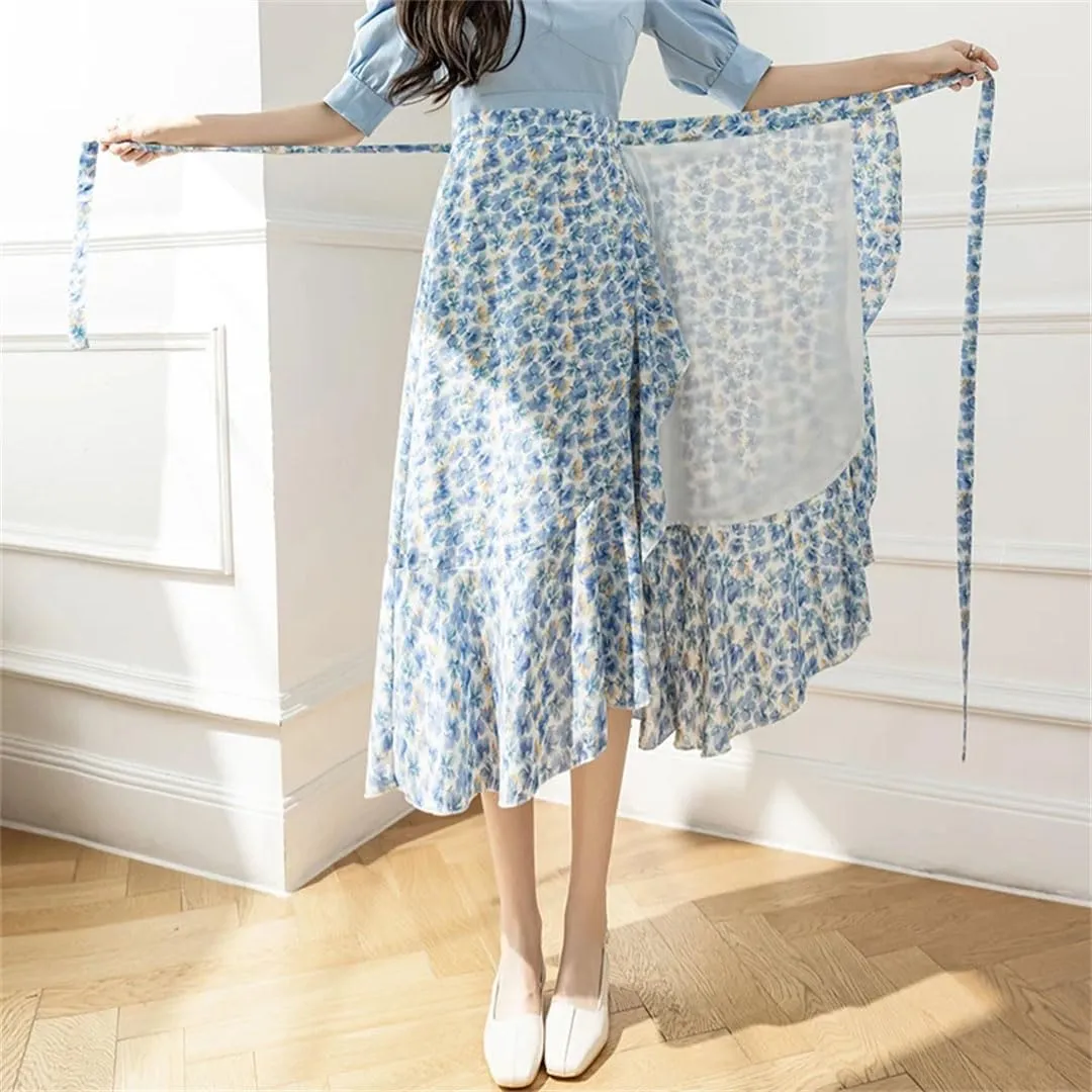 Women One Piece Lace Up Long Skirts for Summer Elegant High Waist Floral Printed Ladies Skirts