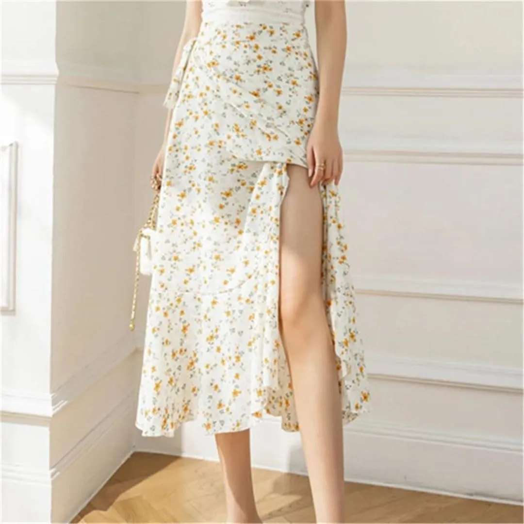 Women One Piece Lace Up Long Skirts for Summer Elegant High Waist Floral Printed Ladies Skirts