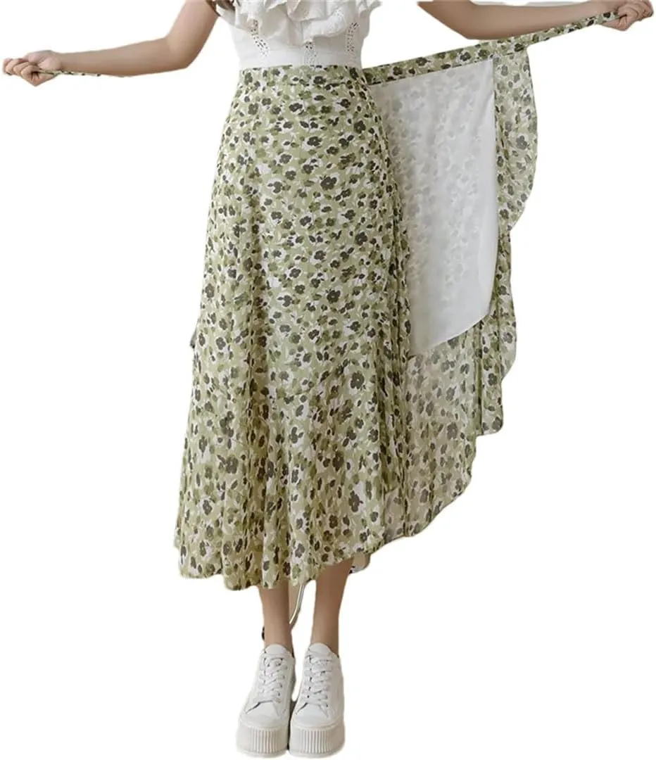 Women One Piece Lace Up Long Skirts for Summer Elegant High Waist Floral Printed Ladies Skirts