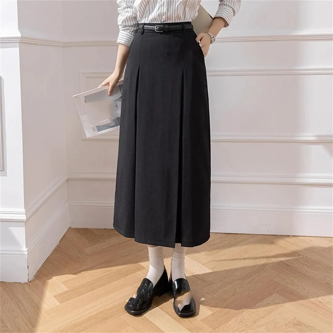 Women Pleated Casual Mid Length A-Line Skirts for Elegant High Waist Solid Color Office Lady Long Skirts