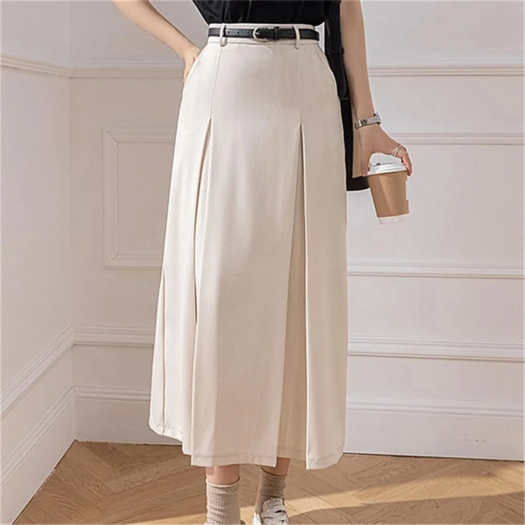 Women Pleated Casual Mid Length A-Line Skirts for Elegant High Waist Solid Color Office Lady Long Skirts