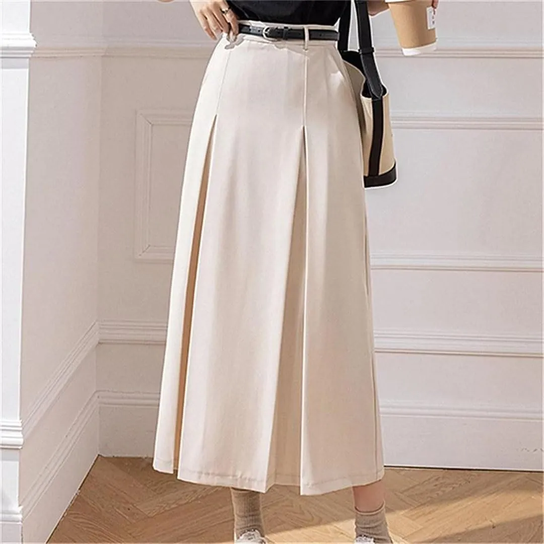 Women Pleated Casual Mid Length A-Line Skirts for Elegant High Waist Solid Color Office Lady Long Skirts