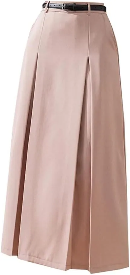 Women Pleated Casual Mid Length A-Line Skirts for Elegant High Waist Solid Color Office Lady Long Skirts