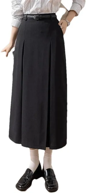 Women Pleated Casual Mid Length A-Line Skirts for Elegant High Waist Solid Color Office Lady Long Skirts