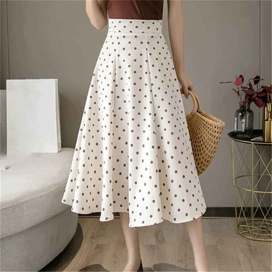 Women Polka Dot Mid Length Elegant Casual High Waist Office Lady A-Line Skirts
