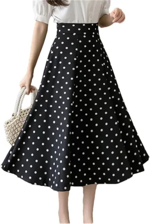 Women Polka Dot Mid Length Elegant Casual High Waist Office Lady A-Line Skirts