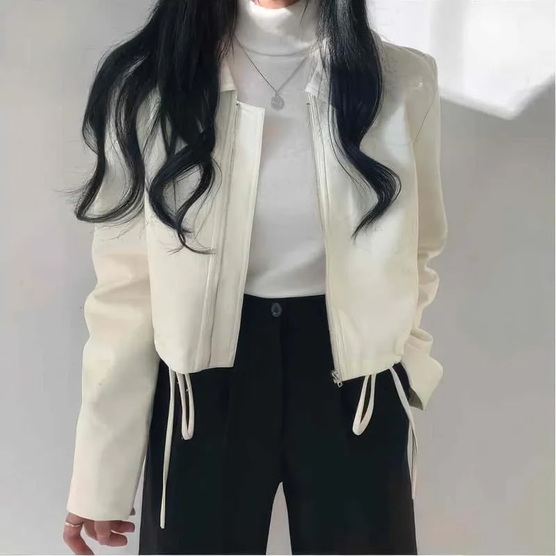 Women Real Leather Cropped Vintage Jacket Streetwear Casual Fashion Loose Punk Biker Moto Shirt Collar Style