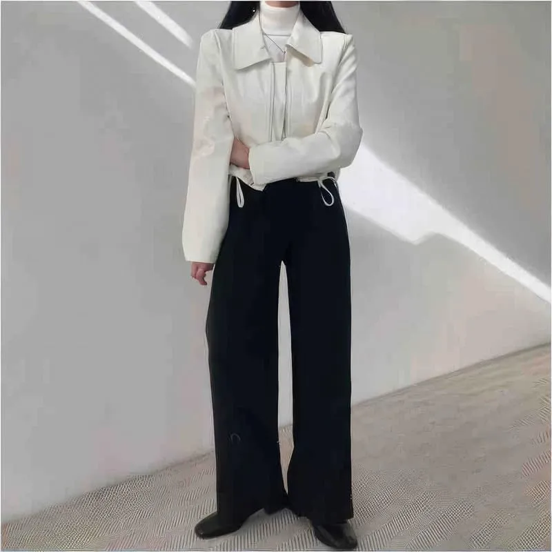 Women Real Leather Cropped Vintage Jacket Streetwear Casual Fashion Loose Punk Biker Moto Shirt Collar Style