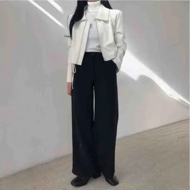 Women Real Leather Cropped Vintage Jacket Streetwear Casual Fashion Loose Punk Biker Moto Shirt Collar Style