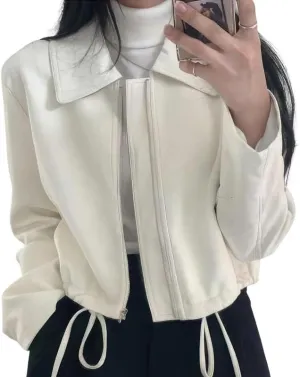 Women Real Leather Cropped Vintage Jacket Streetwear Casual Fashion Loose Punk Biker Moto Shirt Collar Style