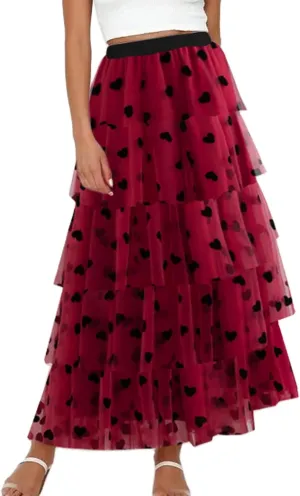 Women Solid Color Cake Skirt Heart Print Long Skirt Layered Ruffles Mesh Tiered Skirt Party A Line Long Skirt