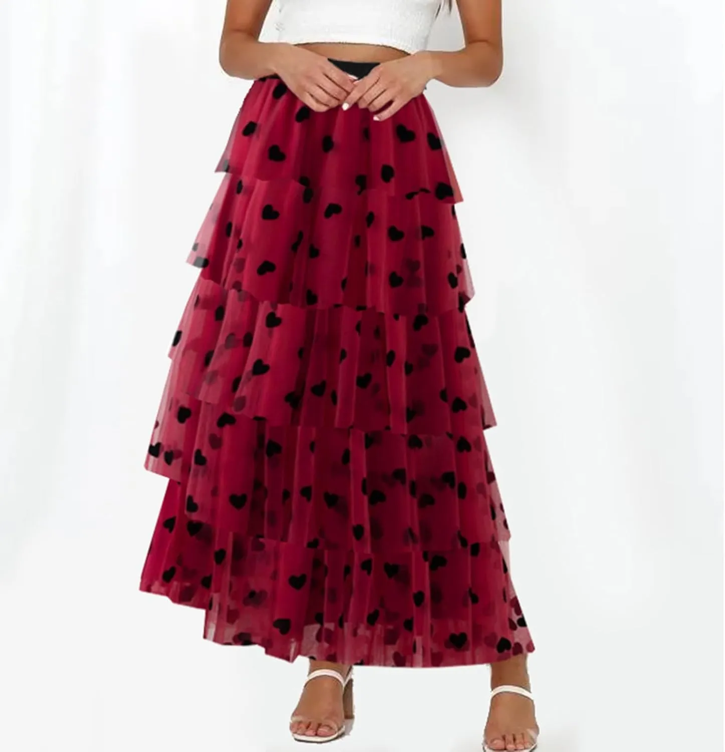 Women Solid Color Cake Skirt Heart Print Long Skirt Layered Ruffles Mesh Tiered Skirt Party A Line Long Skirt