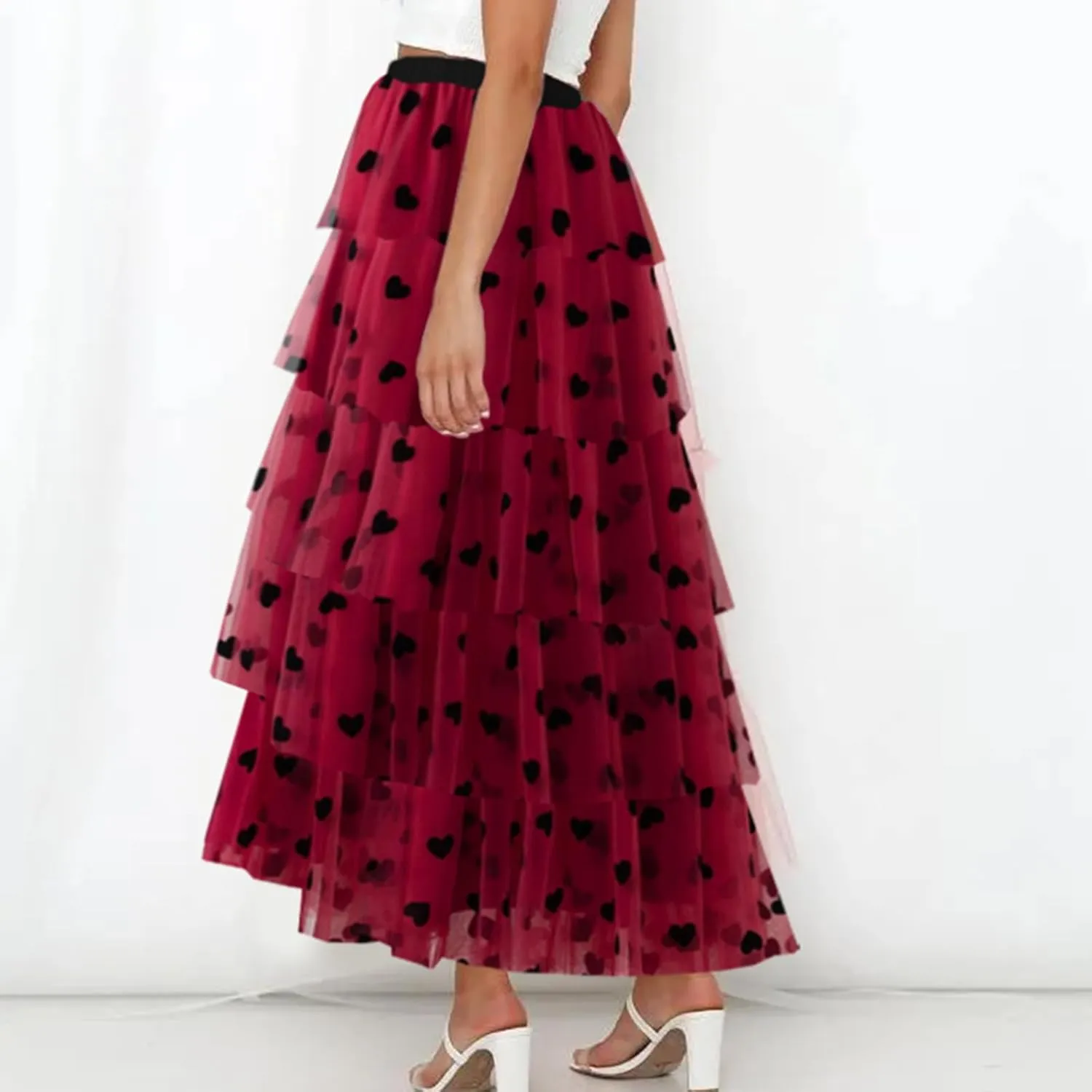 Women Solid Color Cake Skirt Heart Print Long Skirt Layered Ruffles Mesh Tiered Skirt Party A Line Long Skirt