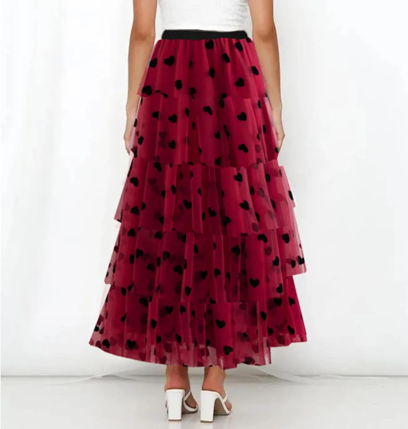 Women Solid Color Cake Skirt Heart Print Long Skirt Layered Ruffles Mesh Tiered Skirt Party A Line Long Skirt