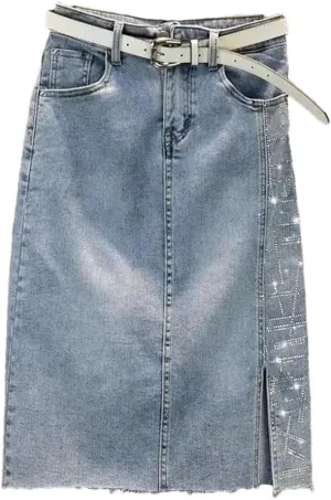 Women Split Vintage Casual High Waist Slim Wrap Hip Denim Skirt
