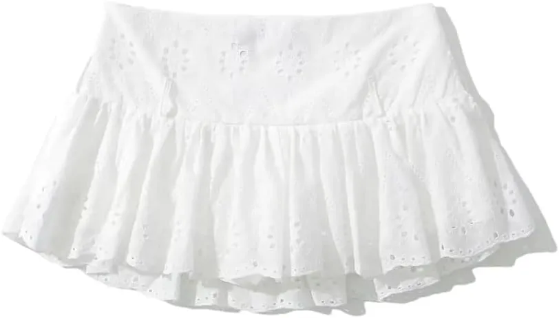 Women Summer Hollow Out Embroidery Mini Skirt Sexy Low Waist Pleated Athletic Skirts