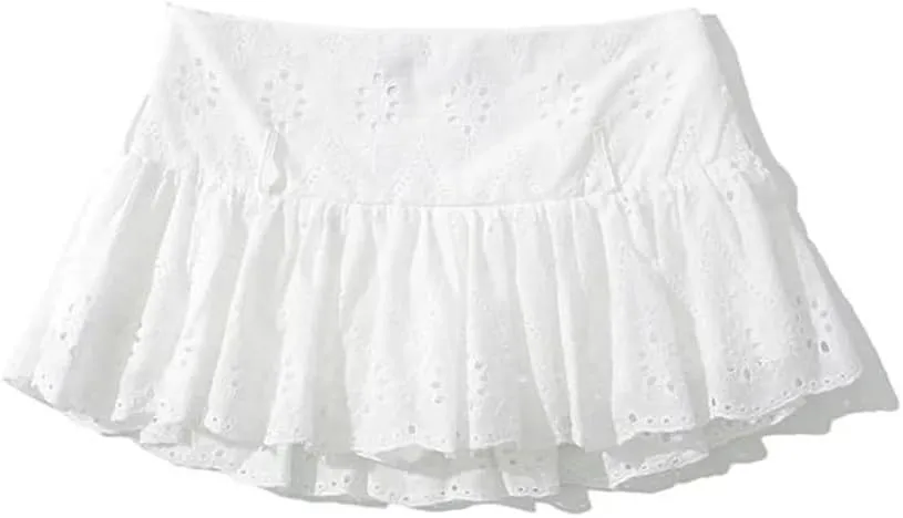 Women Summer Hollow Out Embroidery Mini Skirt Sexy Low Waist Pleated Athletic Skirts