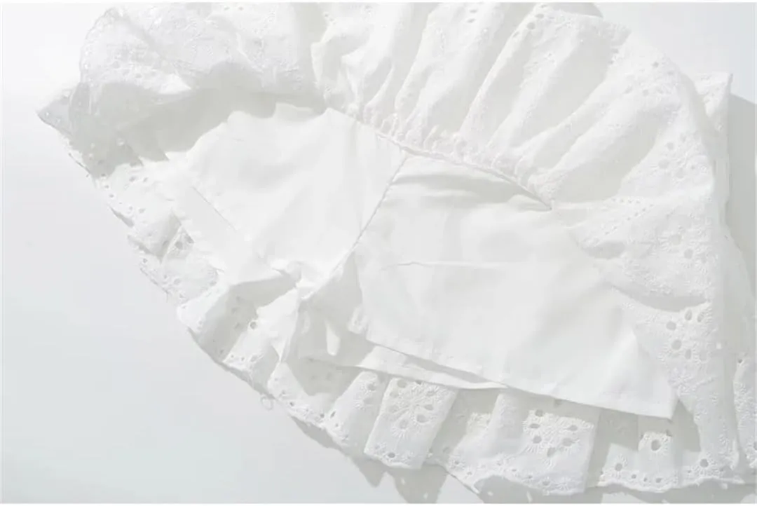 Women Summer Hollow Out Embroidery Mini Skirt Sexy Low Waist Pleated Athletic Skirts