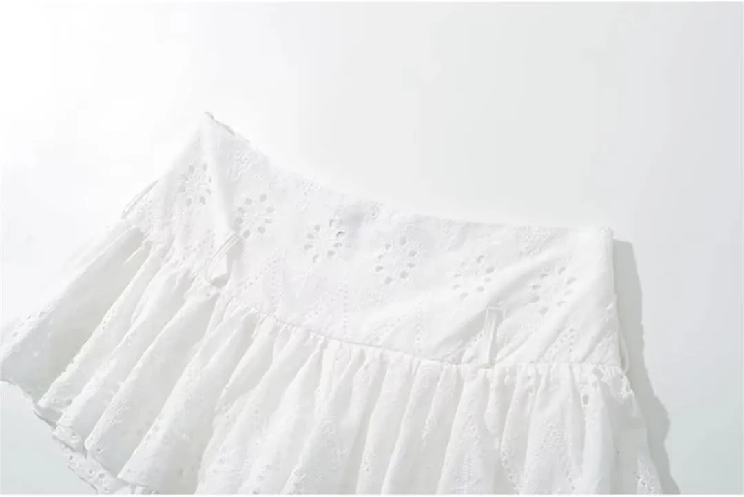 Women Summer Hollow Out Embroidery Mini Skirt Sexy Low Waist Pleated Athletic Skirts