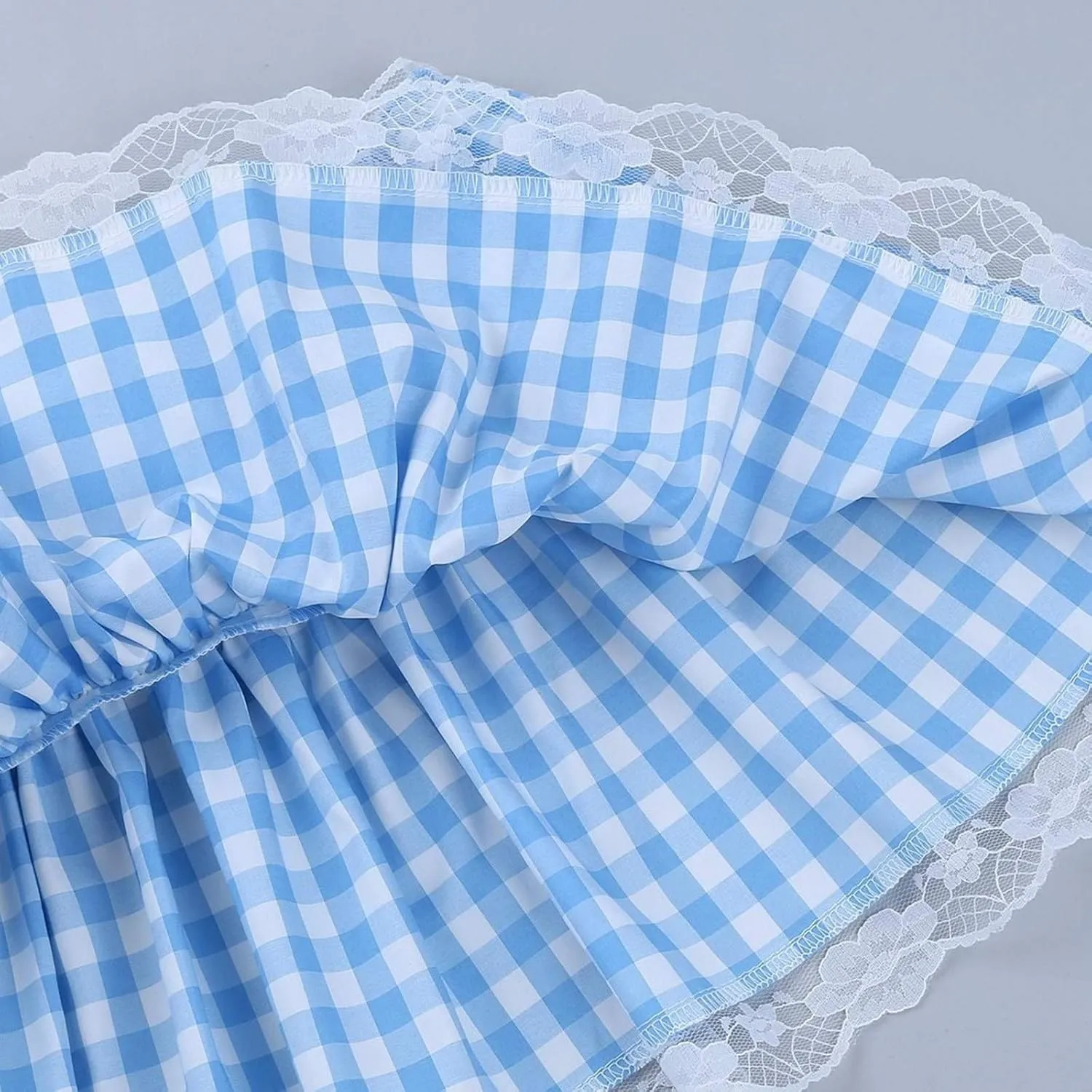 Women Y2K Gingham Mini Skirt Elastic Waist Lace Trim Pleated Short Skirt Cosplay Plaid Lingerie Dress Party Clubwear